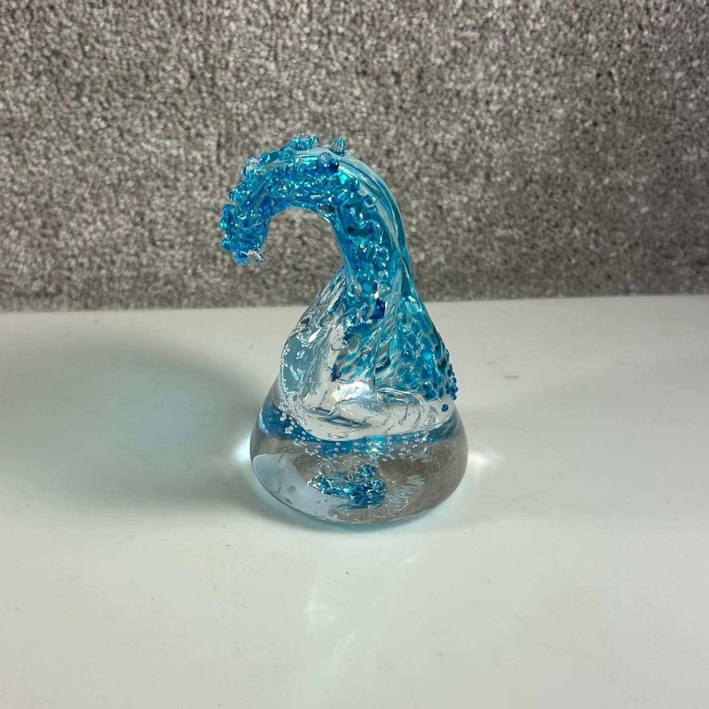 Stiegel Glassworks Ocean‎ Wave Art Glass Blue Paperweight Sculpture USA